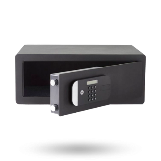 Black safe box with digital keypad on a white background