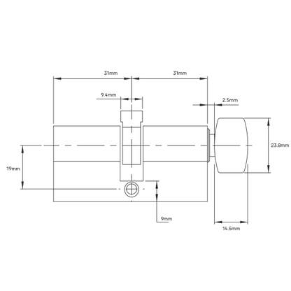 EURO CYLINDER FIXED CAM 5PIN KEY WITH TURN 31/31 - SATIN CHROME