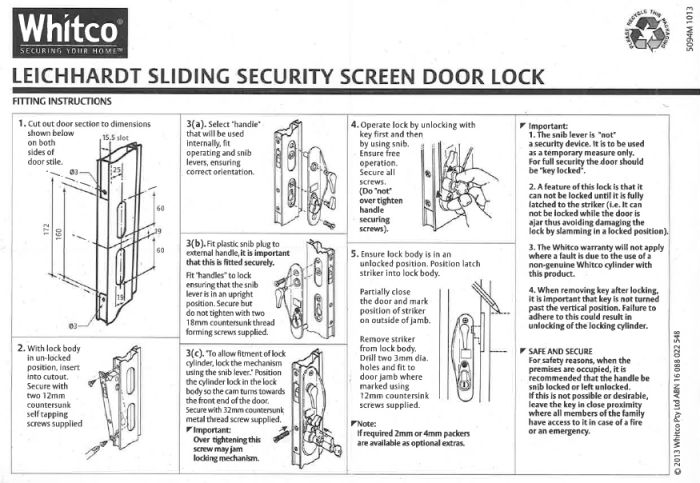 WHITCO LEICHHARDT STANDARD SLIDING SECURITY DOOR LOCK - NO CYLINDER