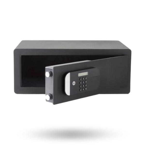 Black safe box with digital keypad on a white background