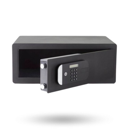 Black safe box with digital keypad on a white background